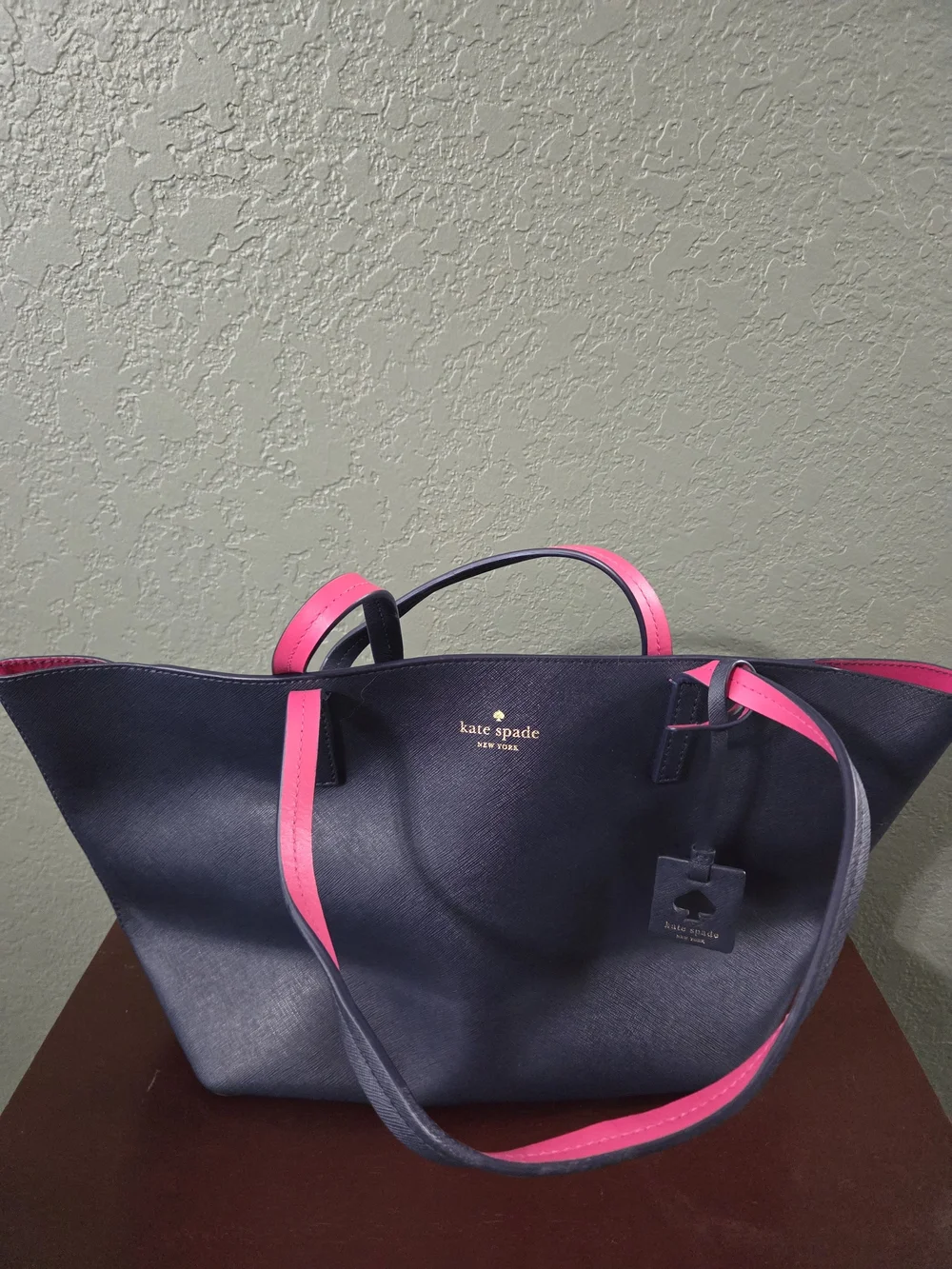kate spade Navy Tote with Pink Trim and Gold Logo